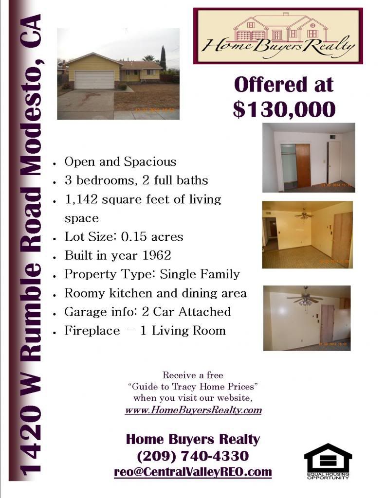 3 Bed, 2 Bath Home for sale $980.32 a month Modesto, CA Home Buyers Realty Ron & Eva Cedillo