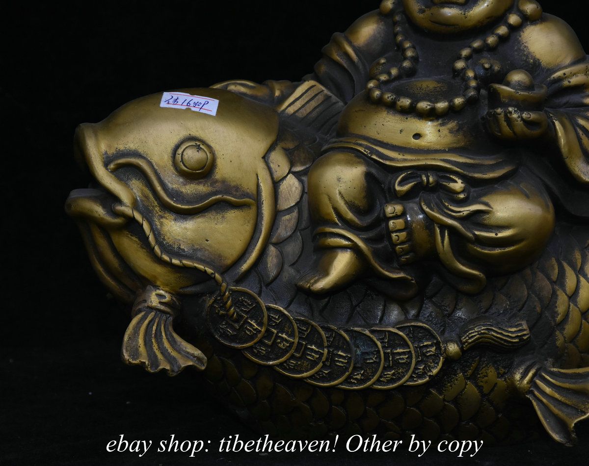 China Bronze Brass Yuan bao wealth Happy Laugh Maitreya Buddha Ride Fish Statue
