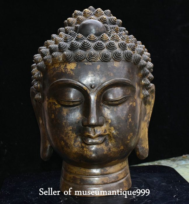 Chinese Old Buddhism Temple Bronze Shakyamuni Sakyamuni Buddha Head Bust Statue