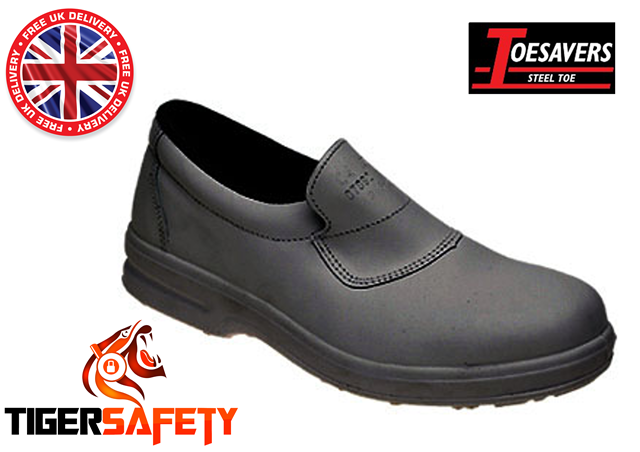 Toesavers 3455 S1 SRC Ladies Black Leather Slip On Steel Toe Cap Safety Shoes